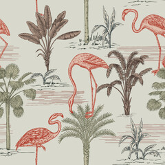 Tropical ink drawn palm trees, plants, pink flamingo summer floral seamless pattern.Exotic jungle toile wallpaper. - 499579313