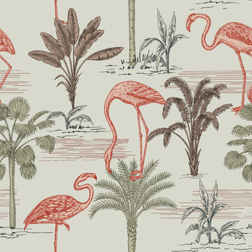 Tropical ink drawn palm trees, plants, pink flamingo summer floral seamless pattern.Exotic jungle toile wallpaper.