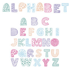 Handdrawn vector english alphabet with abstract patterns. ABC poster. Latin, roman letters. Childish, handmade style. Castomized colors. For banners, quotes, advertising, posters, cards, invitations.