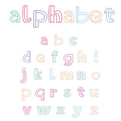Handdrawn vector english alphabet with abstract patterns. ABC poster. Latin, roman letters. Childish, handmade style. Castomized colors. For banners, quotes, advertising, posters, cards, invitations.