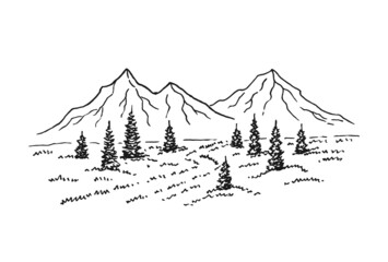 Hand drawn vector illustration of mountain landscape with pine trees.