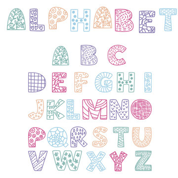 Handdrawn vector english alphabet with abstract patterns. ABC poster. Latin, roman letters. Childish, handmade style. Castomized colors. For banners, quotes, advertising, posters, cards, invitations.