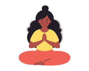 Black woman meditating in lotus pose. Healthy lifestyle, yoga, relax, breathing exercise. World yoga day. Hand drawn vector illustration