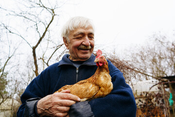 Portrait of a smiling old farmer holding a chicken in his arms in the village