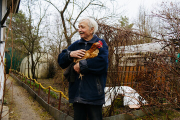 a gray-haired elderly man holds a brown chicken in his hands and smiles