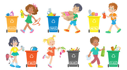 Funny children collect metal, paper, organic, plastic, glass and electronic waste in trash bins of different colors. Waste sorting. Vector illustration in cartoon style. Isolated on white background