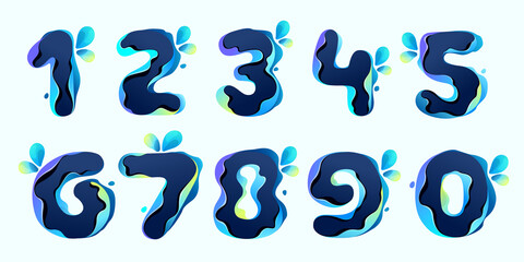 Numbers set with blue dew drops in hologram glitch style. Environment friendly icons.