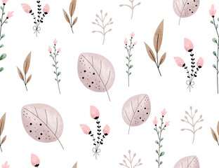 Watercolor leaves and flower seamless pattern background 
