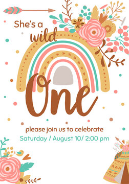 Kids Boho Invitation Card. Wild One Girl Birthday Invite. Pink Boho Rainbow, Pink Floral Bouquet. Vector Template