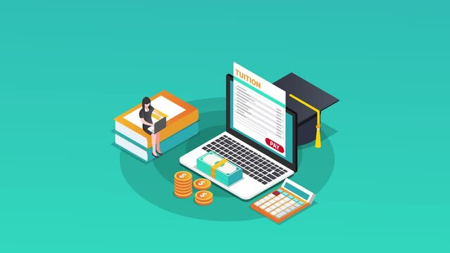 Female student using laptop to paying tuition fee