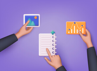 People sharing documents and files. Digital file organization service or app with data transfering. 3D Web Vector Illustrations.