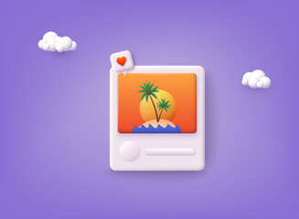 Social media communication platform concept. Photo frame with love icons. 3D Web Vector Illustrations.
