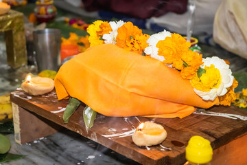 religious ritual pray of holy god with blurred background at evening