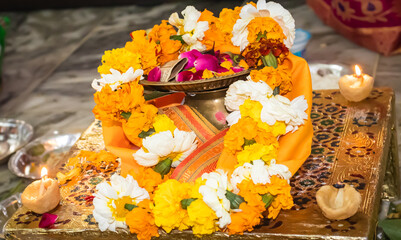 religious ritual pray of holy god with blurred background at evening