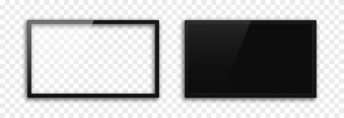 Vector realistic TV mockup. PNG TV with blank screen. Wall panel with black screen. Screen resolution 2k, 4k, 6k.