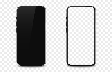 Phone vector mockup. Phone mockup, technological device. Smartphone with blank screen. Blank black display. PNG.