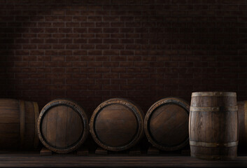 Rustic barrels for beverage in a dark wine cellar. Wooden empty surfaces for copy space, mockup,...