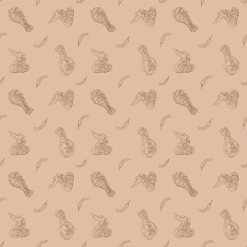 Fried chicken pattern. fast food background, fried drumstick and chicken wing. Chicken Packaging