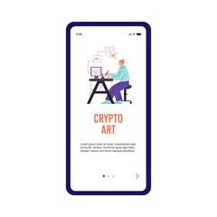 Crypto art onboarding mobile page design, flat cartoon vector illustration.
