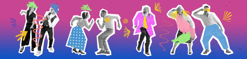 Timeless rock-and-roll. Contemporary art collage. Dancing couples in retro 70s, 80s styled clothes over bright background with drawings. Concept of art, music, fashion.