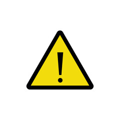 Icon of warning and risk. Attention danger, beware. Alert sign. Yellow triangle and exclamation mark. Flat vector icon isolated on white background