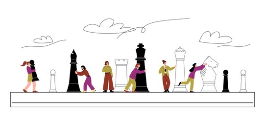 Business strategy with people moving chess figures, flat vector isolated.