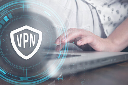 Laptop with VPN Virtual Private Network protocol. Cyber security and privacy connection technology. Anonymous Internet concept