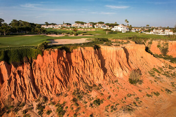 Aerial view of golf courses at Vale de Lobo, Algarve, Portugal next to the beach