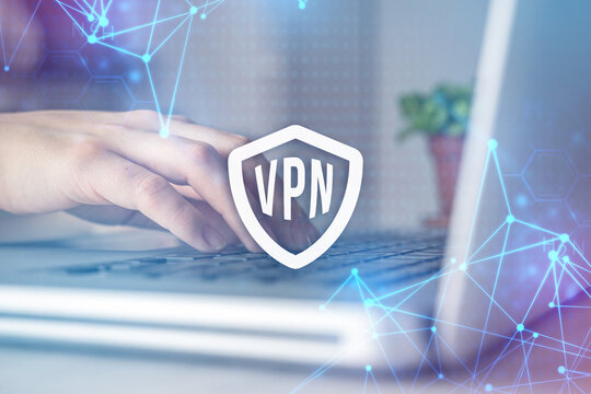 Modern laptop with VPN and user hand close-up. Virtual private network. Internet connection privacy concept photo
