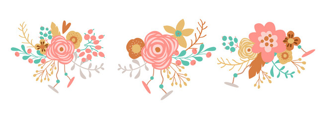 Boho pink flowers set isolated graphic elements. Hand drawn bohemian floral bouquet. Pink roses, branch greenery, leaves, berry.