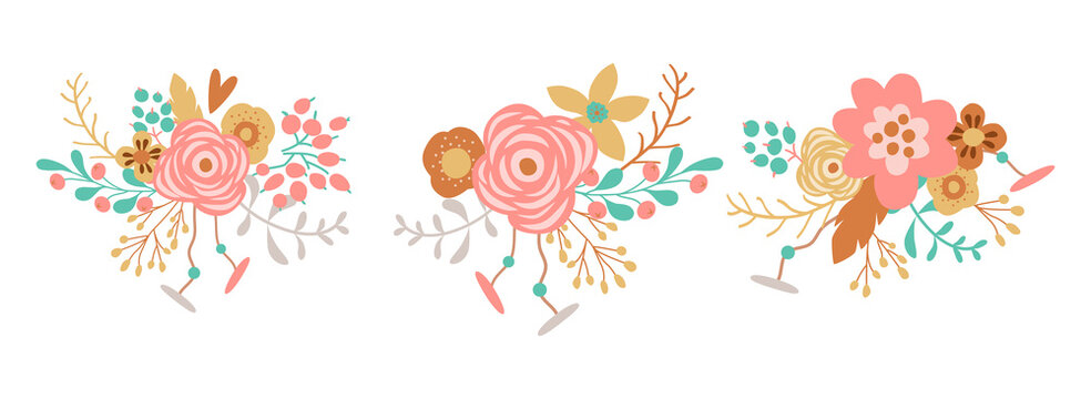Boho pink flowers set isolated graphic elements. Hand drawn bohemian floral bouquet. Pink roses, branch greenery, leaves, berry.