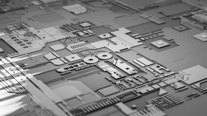 Macro view of a circuit metal board with reflection and light. Future and technology concept. 3d rendering - Illustration