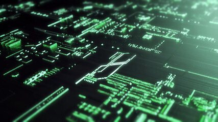 Macro view of a circuit metal board with reflection and light. Future and technology concept. 3d rendering - Illustration