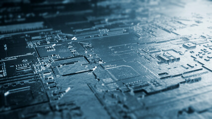 Macro view of a circuit metal board with reflection and light. Future and technology concept. 3d rendering - Illustration