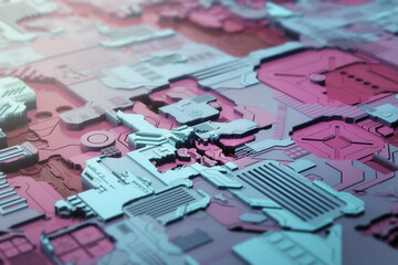 Naklejka premium Macro view of circuit metal board with reflection. Future and technology concept. 3d rendering - Illustration of motherboard, big data, futuristic abstract concept of information technology. 