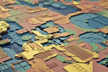 Naklejka premium Macro view of circuit metal board with reflection. Future and technology concept. 3d rendering - Illustration of motherboard, big data, futuristic abstract concept of information technology. 