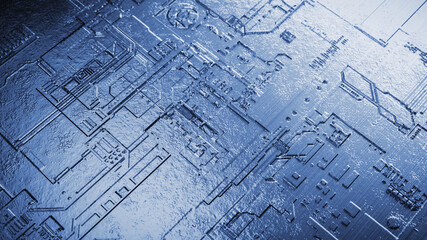 Macro view of a circuit metal board with reflection and light. Future and technology concept. 3d rendering - Illustration