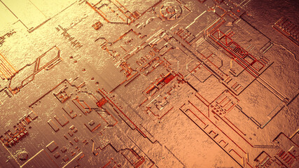 Macro view of a circuit metal board with reflection and light. Future and technology concept. 3d rendering - Illustration