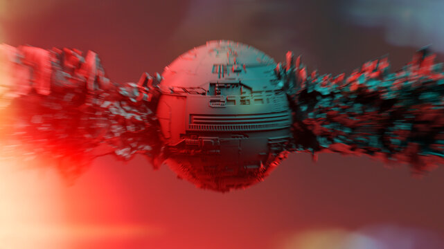 Spherical science fiction object with abstract element pierced through. Motion blur and lens flare caused by hyper speed movement. 3d render dedicated to popular sci-fi movies star wars and star trek