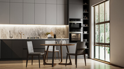 Modern kitchen interior with dinning area and window, 3d rendering - obrazy, fototapety, plakaty