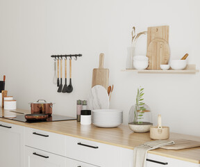 Interior of light modern kitchen with wooden counter and shelves with kitchen utensils, 3d render