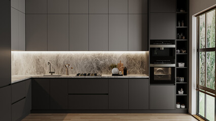 Modern dark grey kitchen interior, 3d rendering - obrazy, fototapety, plakaty