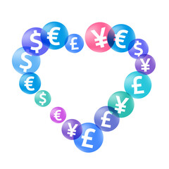 Euro dollar pound yen circle symbols flying money vector design. Trading backdrop. Currency tokens