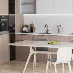Close up of modern kitchen interior with built-in stove, kitchen cabinets and table, 3d render