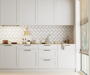modern kitchen interior with white cabinets and tile, 3d rendering