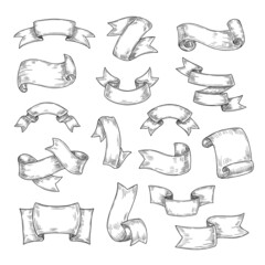 Hand drawn ribbons. Sketch drawing banners, outline retro ribbon. Vintage flag label, winner decorative sign. Isolated scroll, ink neoteric vector elements