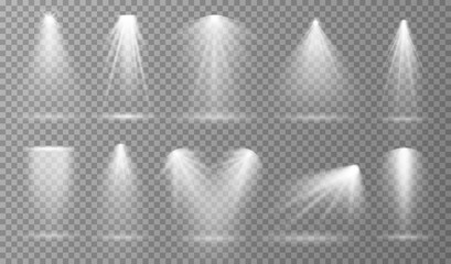 Spotlights. Theater lights beam, light spots and rays. Room studio or stage lamps, event projector shine effect. Glow for club or cinema, exact vector set