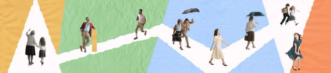 Conceptual artwork. Mixed aged people wearing vintage style clothes walking together isolated on...