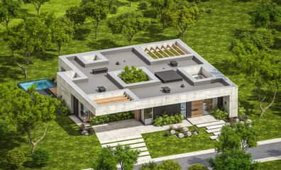 3d rendering of new concrete house in modern style with pool and parking for sale or rent and beautiful landscaping on background. The house has only one floor. Summer sunny day with clear blue sky.
