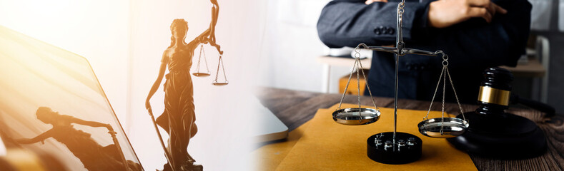 Judge's gavel, scales, lady of justice and hourglass. Law and justice concept